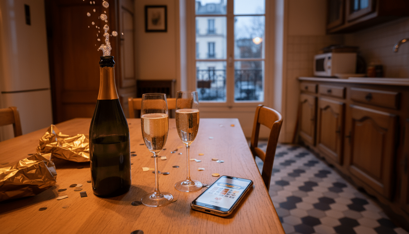 Bouteille de champagne et smartphone avec application de loterie