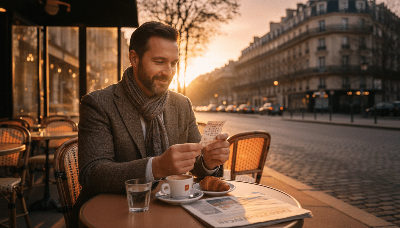 Joueur vérifiant son ticket EuroMillions à la terrasse d'un café