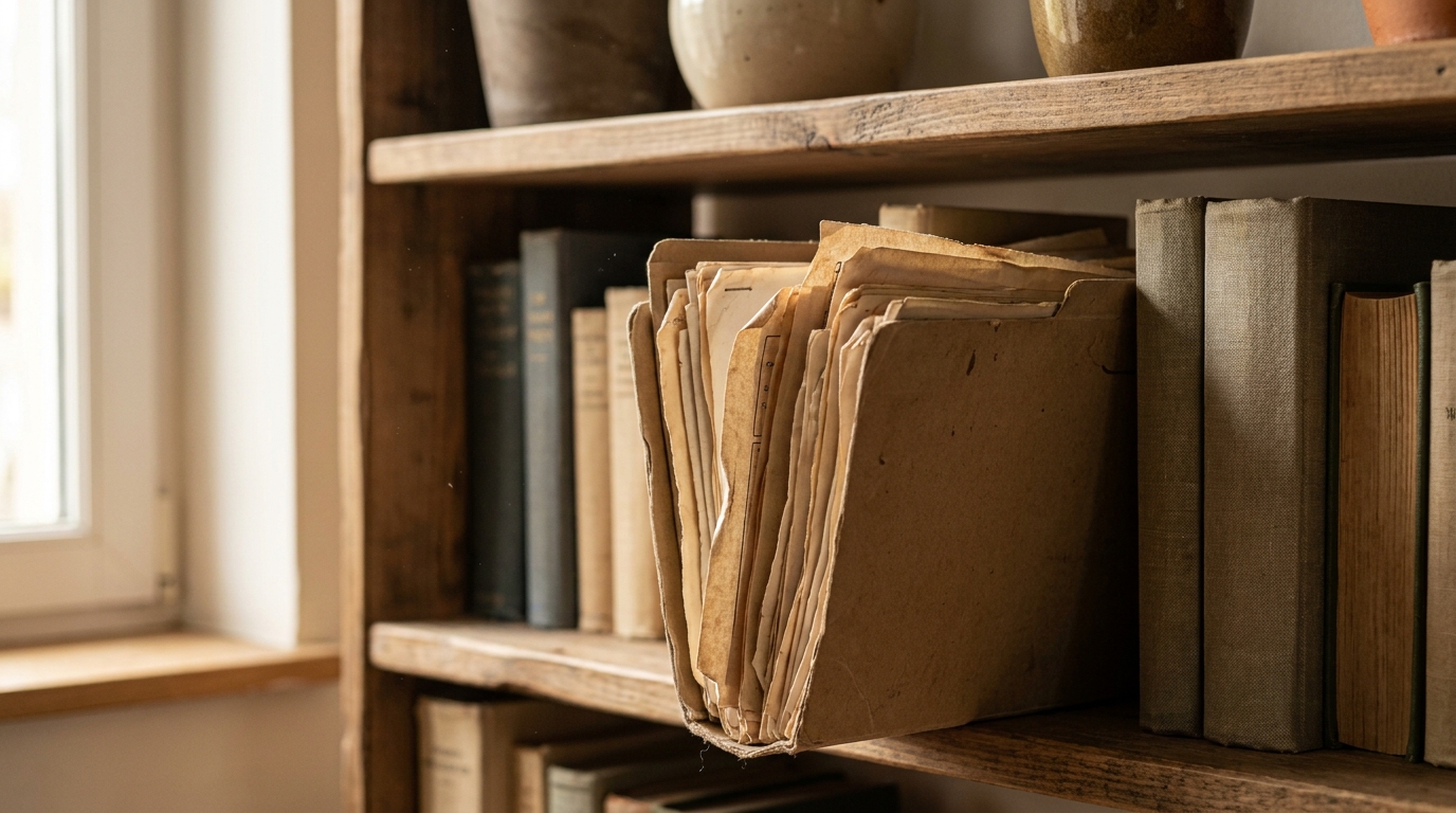 Pile de fiches de paie anciennes dans un dossier cartonné