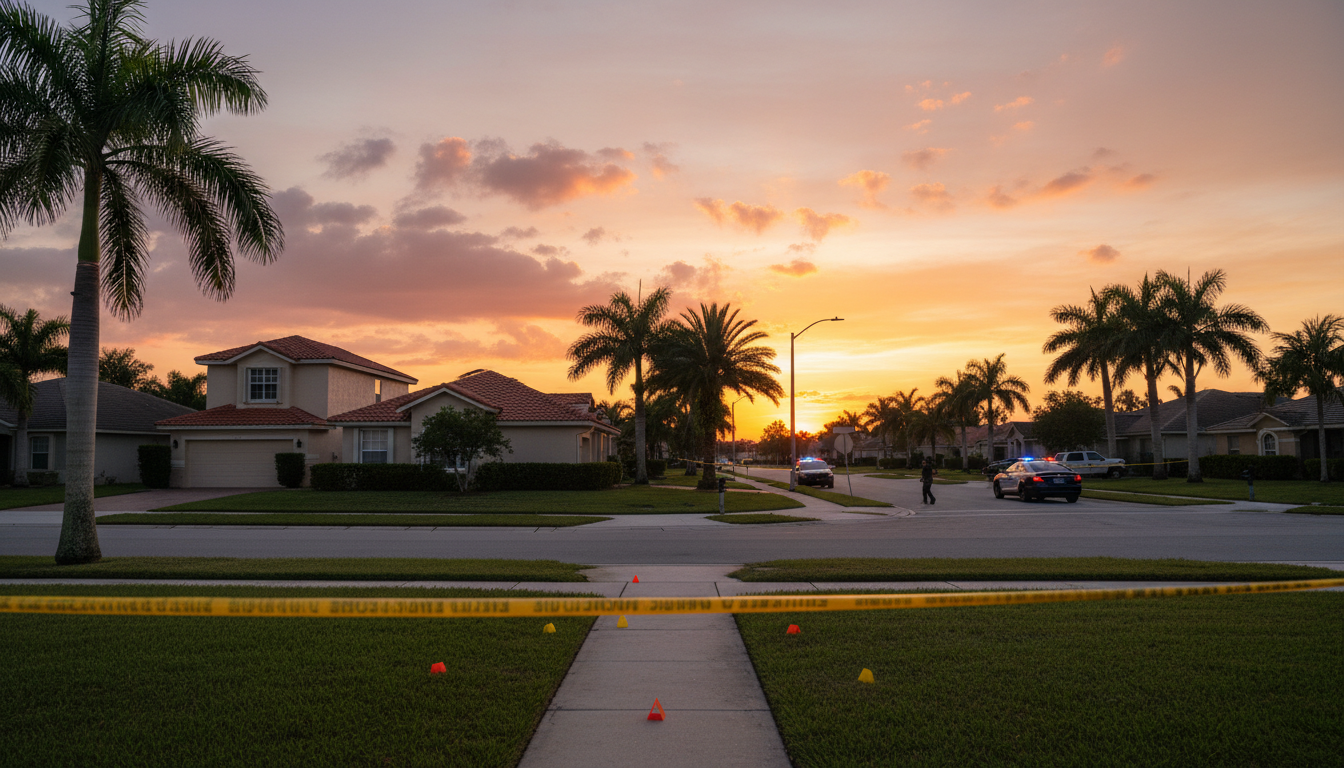 Scène de crime avec ruban de police en Floride au crépuscule