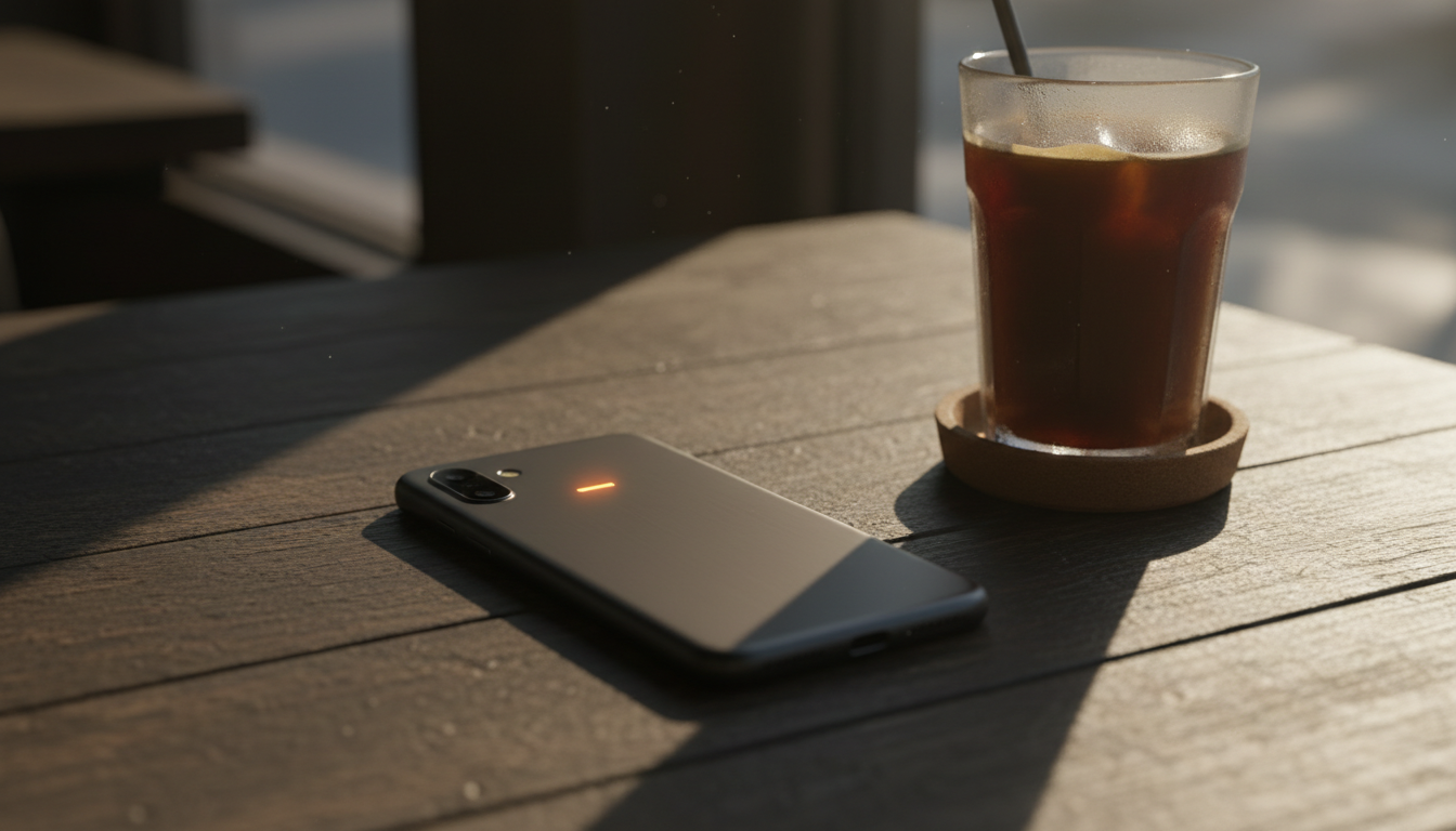 Smartphone posé sur une table sombre avec lumière ambrée
