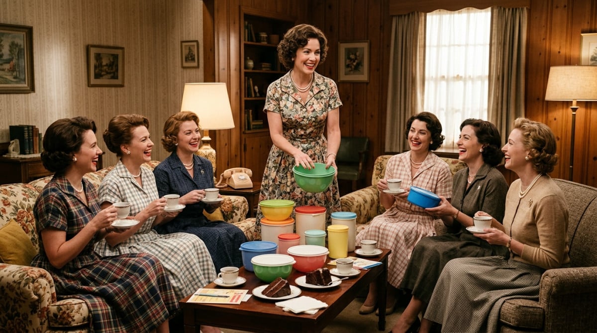 Réunion Tupperware dans un salon des années 1950