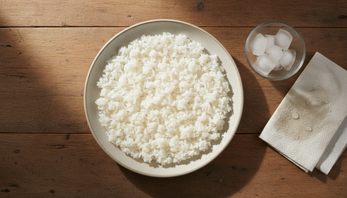 Riz étalé dans une assiette avec glaçons et essuie-tout humide