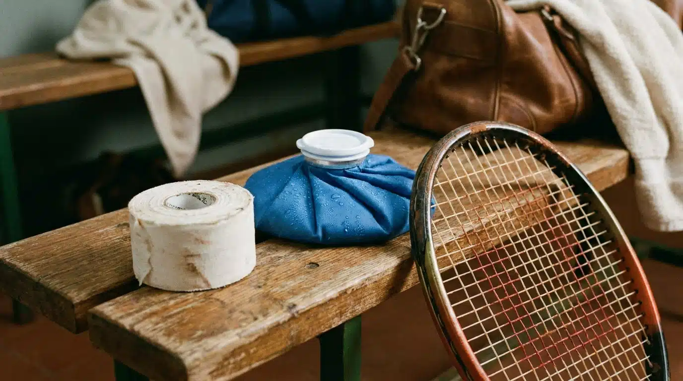 Bande de strapping et poche de glace sur banc de vestiaire à côté d'une raquette de tennis terreuse