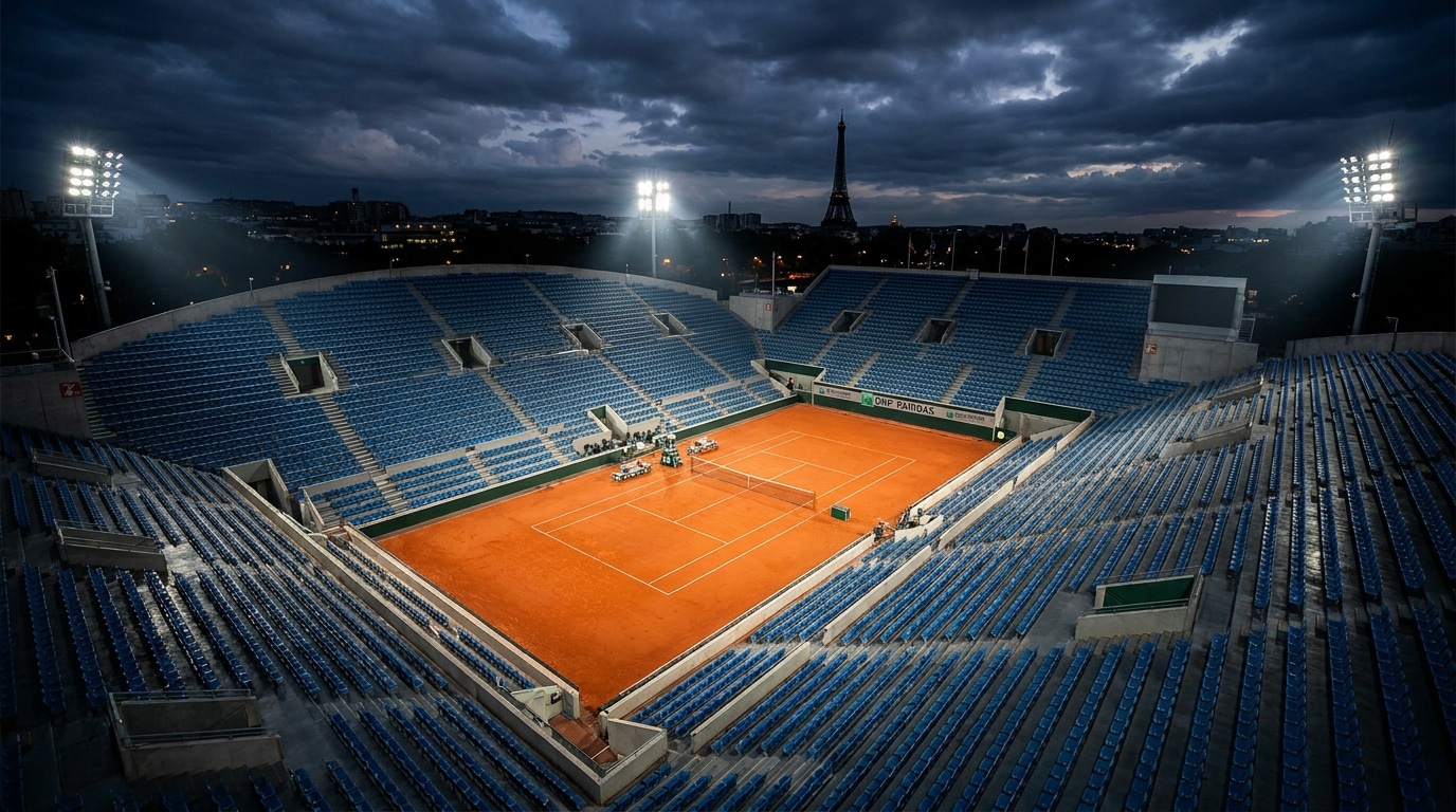 Court Philippe-Chatrier illuminé de nuit à Roland-Garros