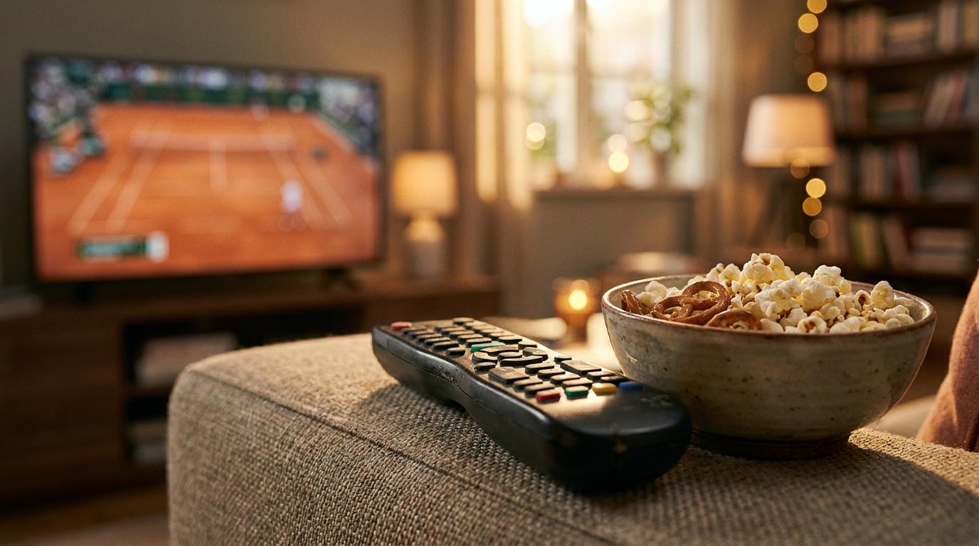 Télécommande sur un canapé devant un écran aux couleurs terre battue de Roland-Garros
