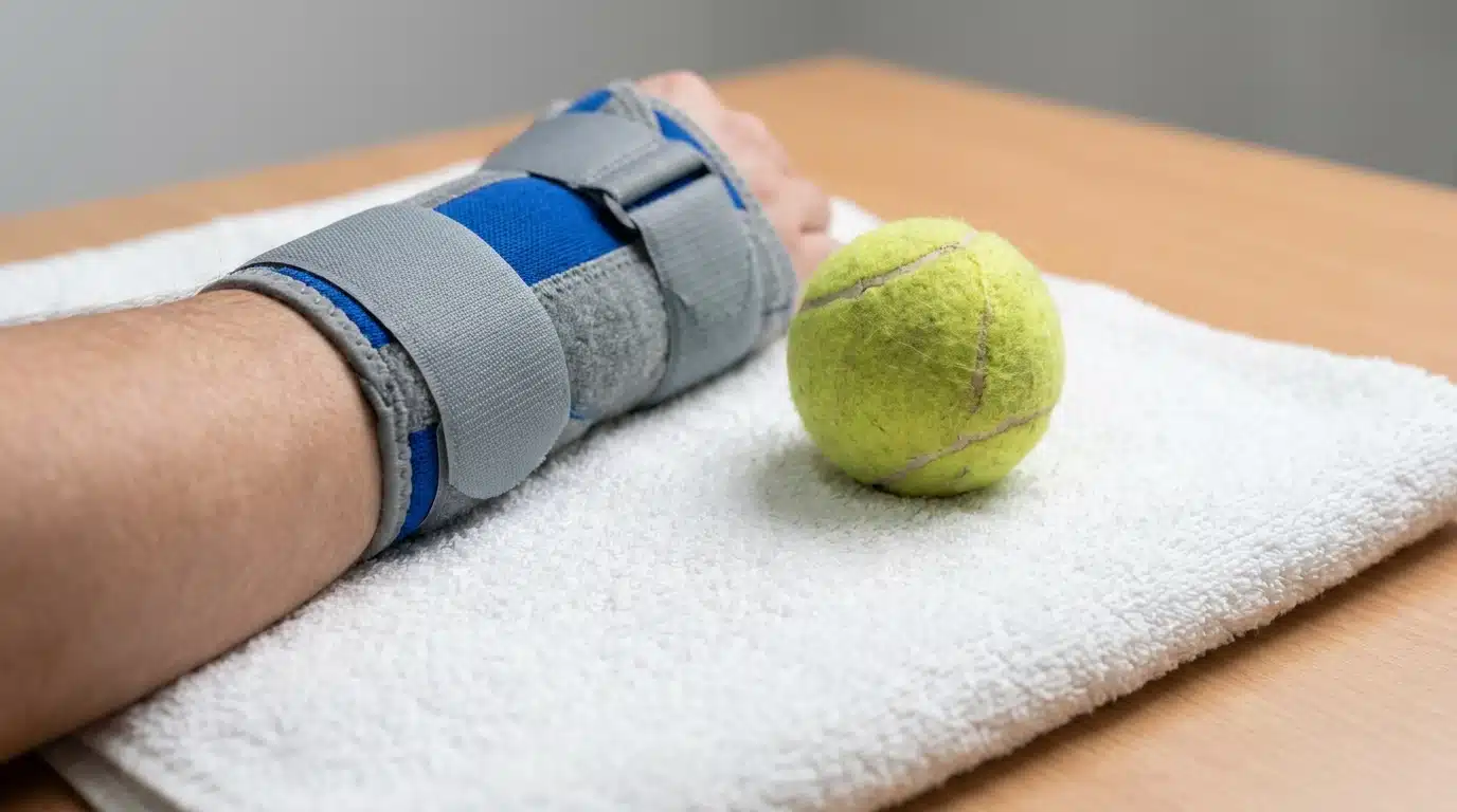 Attelle sportive médicale posée sur une serviette blanche à côté d'une balle de tennis, illustrant la blessure au poignet