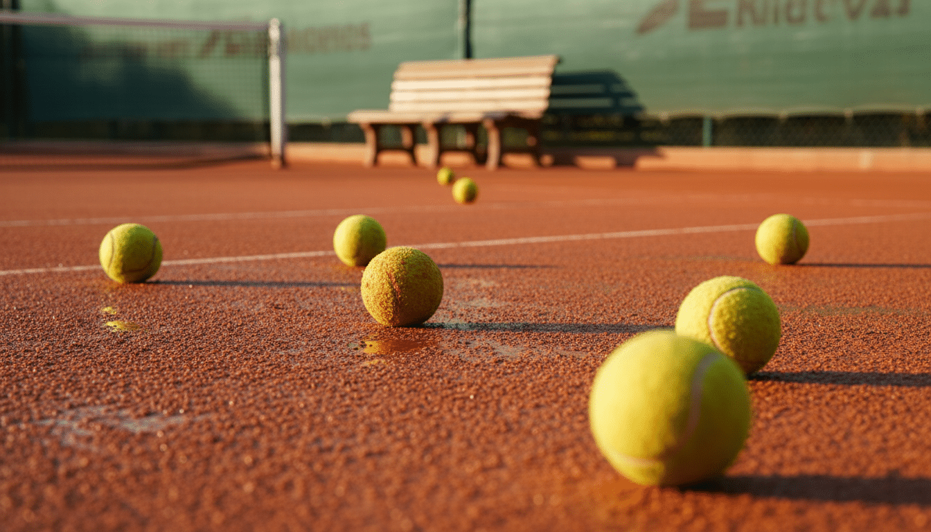 Surface de terre battue humide avec balles de tennis lors d'une pause de match