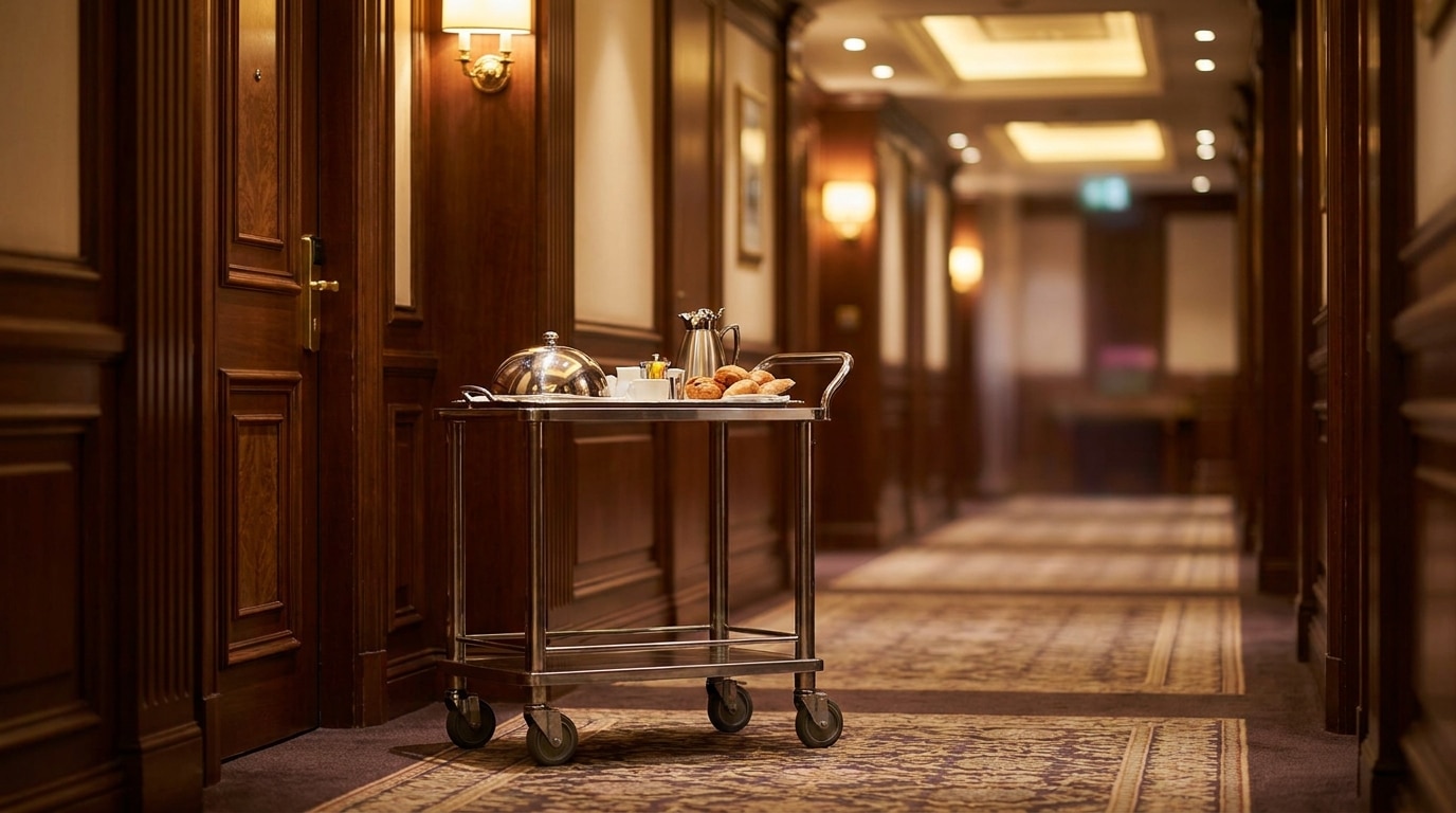 Plateau de petit-déjeuner devant une porte de chambre d'hôtel de luxe