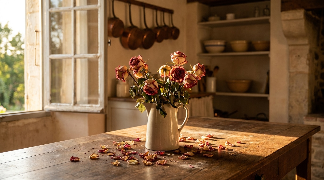 Bouquet de roses fanées sur une table en bois rustique