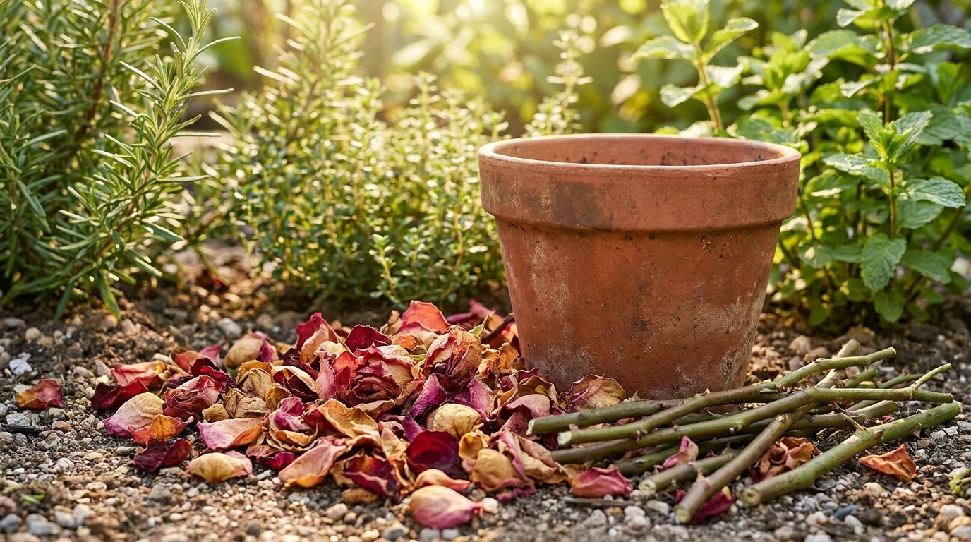 Pétales de roses séchés près d'un pot de compost au jardin