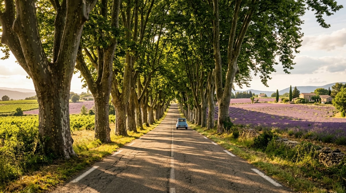 Route française bordée de platanes centenaires formant une voûte