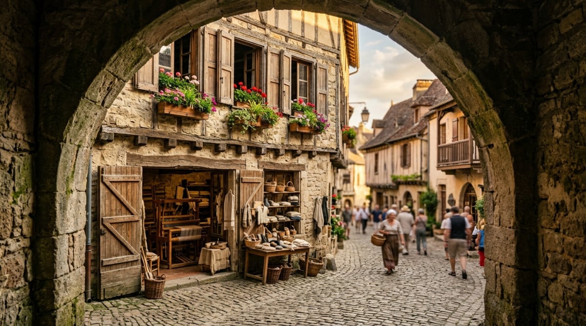 Rue médiévale française avec atelier au rez-de-chaussée