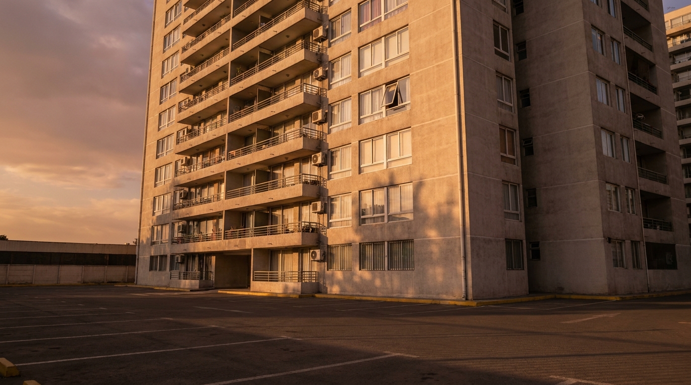 Immeuble résidentiel vu depuis un parking en contrebas