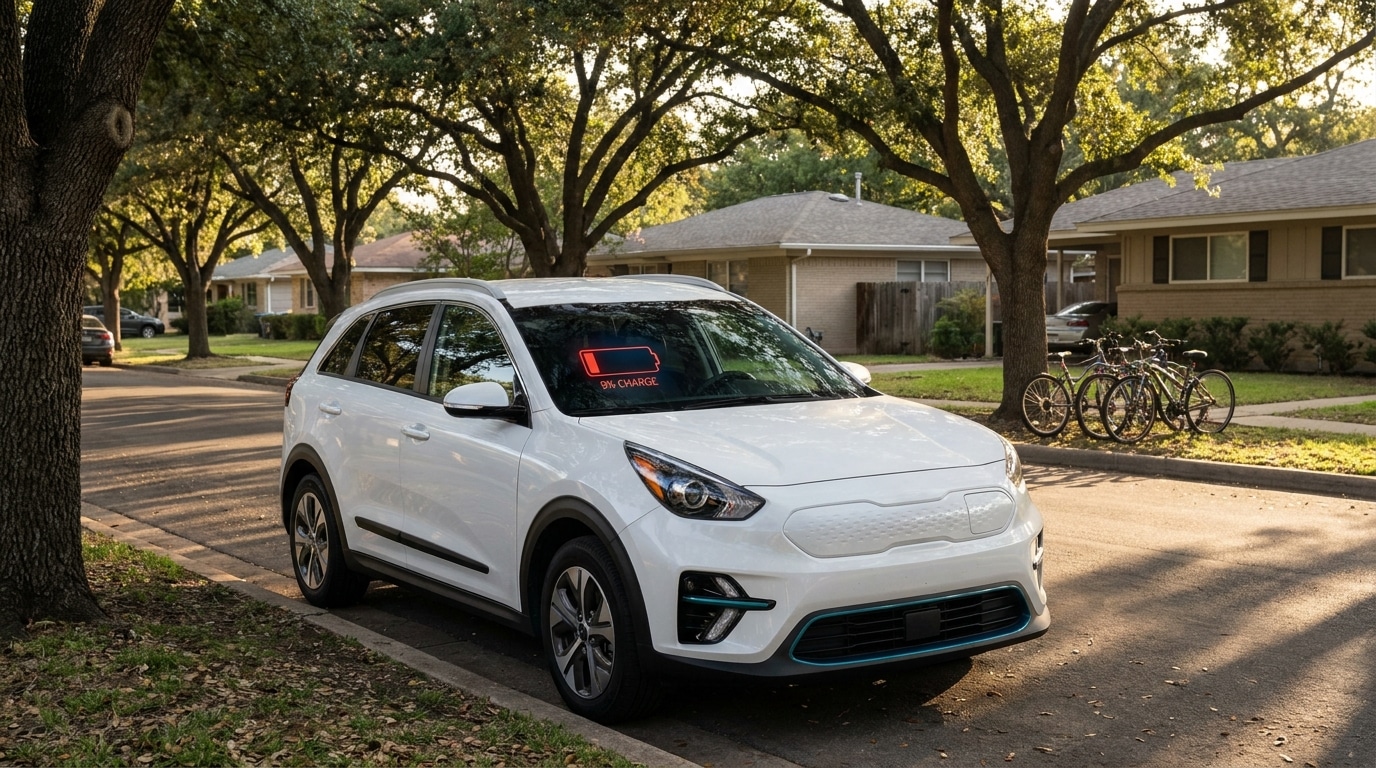SUV électrique compact garé avec batterie faible au tableau de bord
