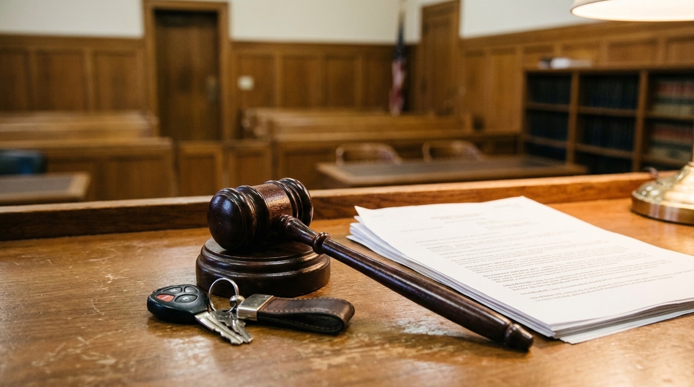 Marteau de justice posé près de clés de voiture et documents