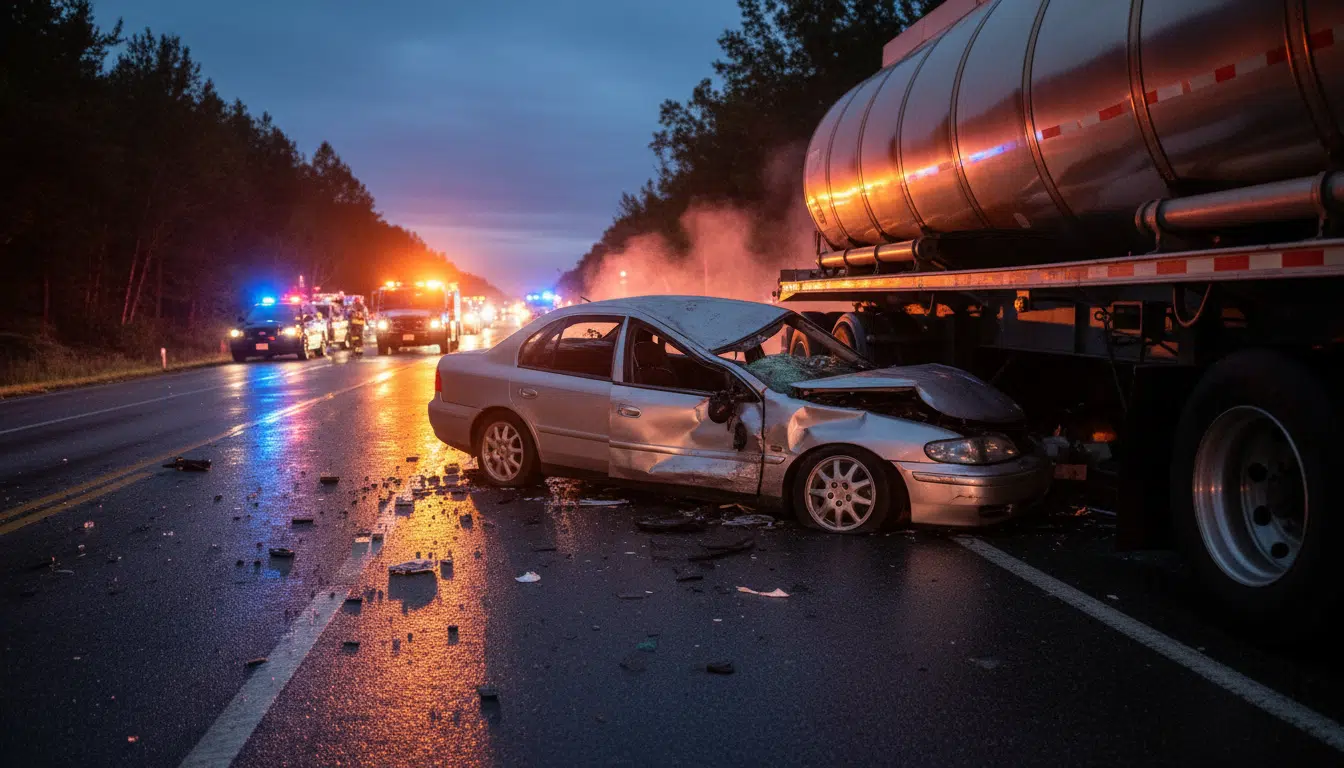 Voiture broyée sous un camion-citerne de nuit