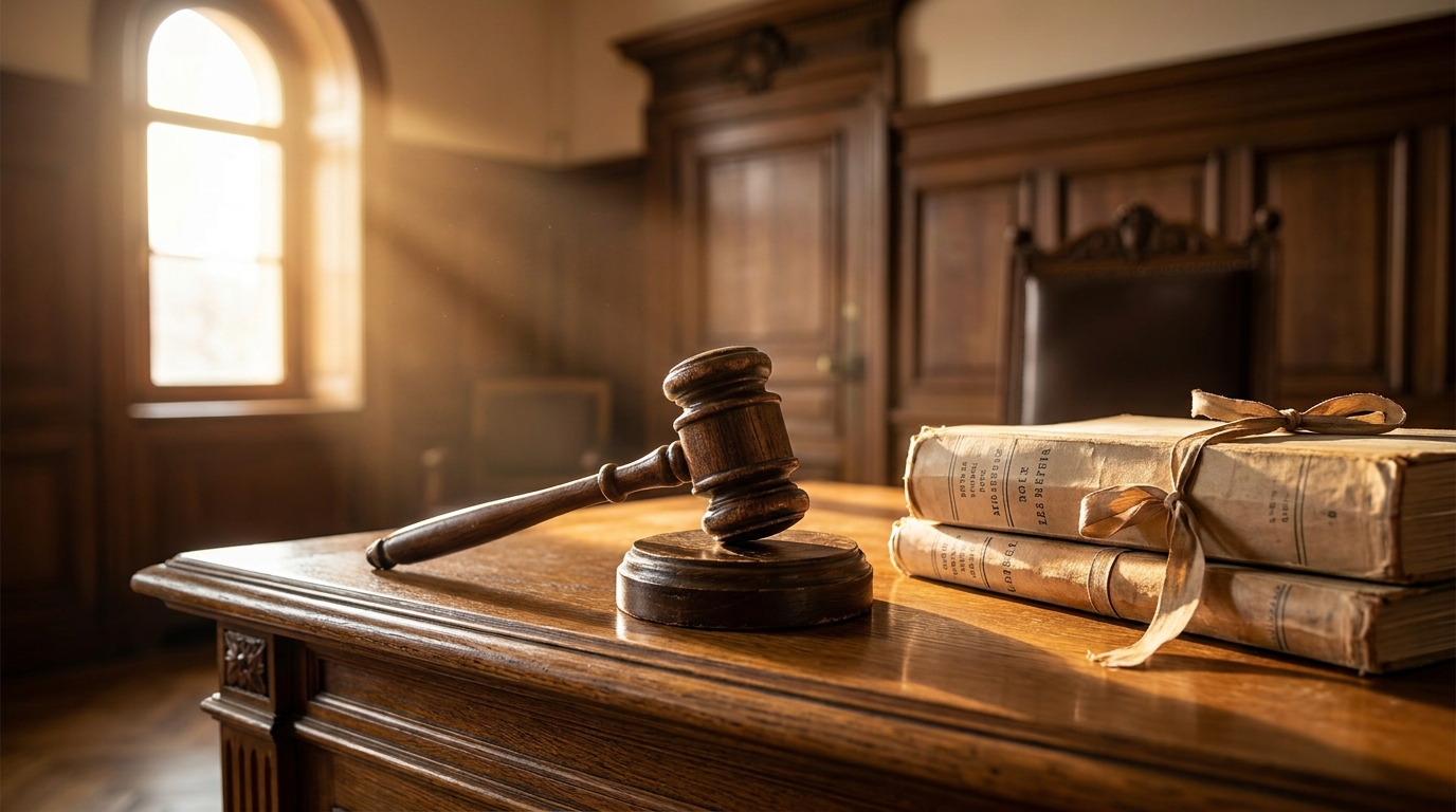 Marteau de juge posé sur un bureau de tribunal français