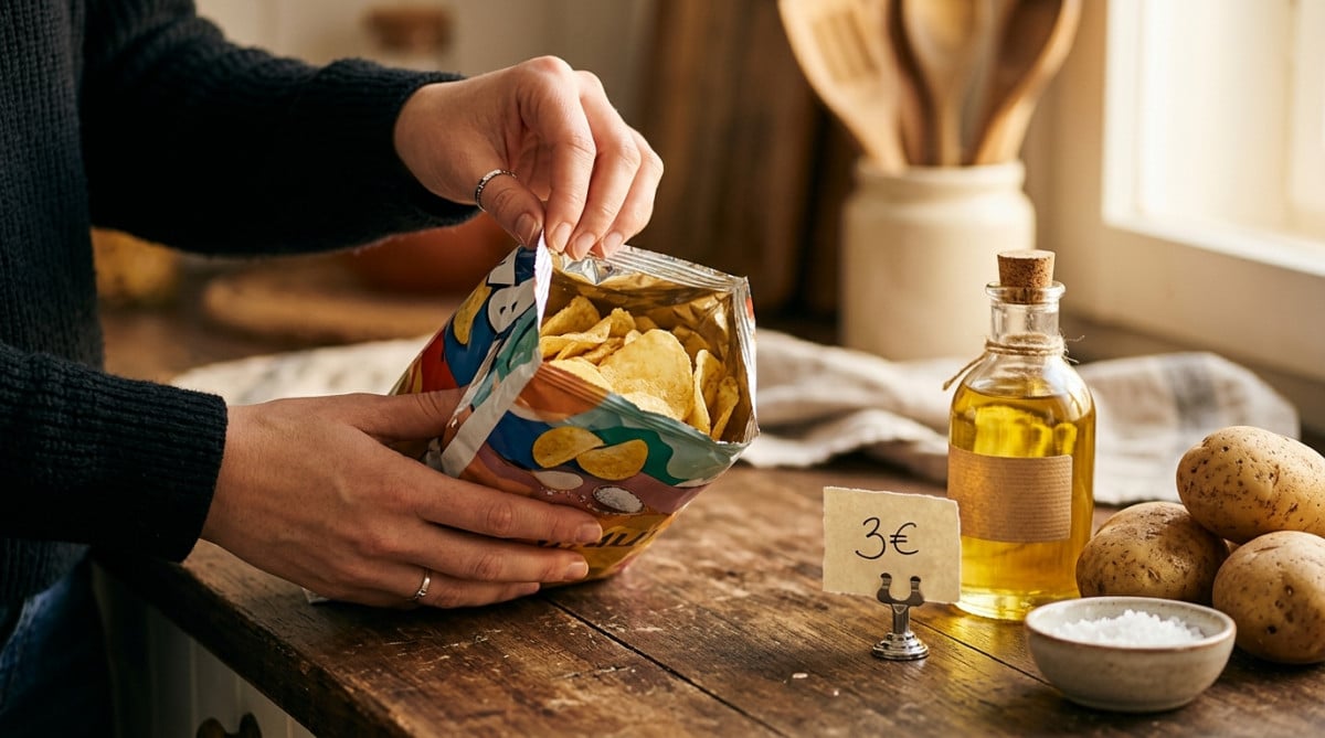 Sachet de chips ouvert avec pommes de terre crues et huile