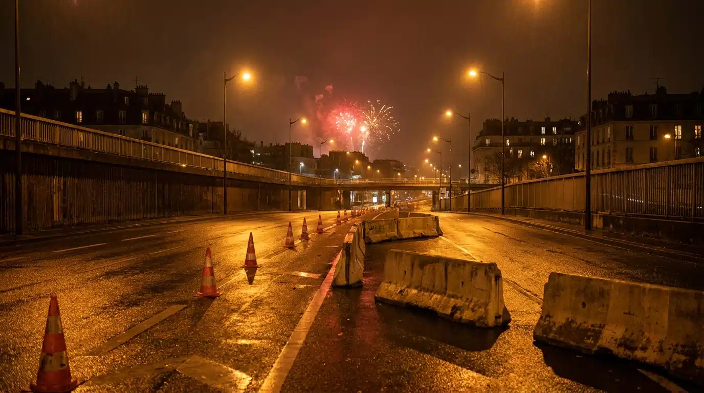 Blocs de béton sur le boulevard périphérique parisien de nuit