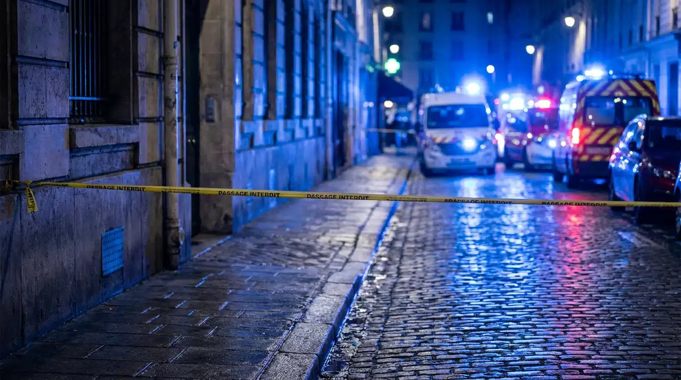Ruban de police dans une rue parisienne éclairée par des gyrophares