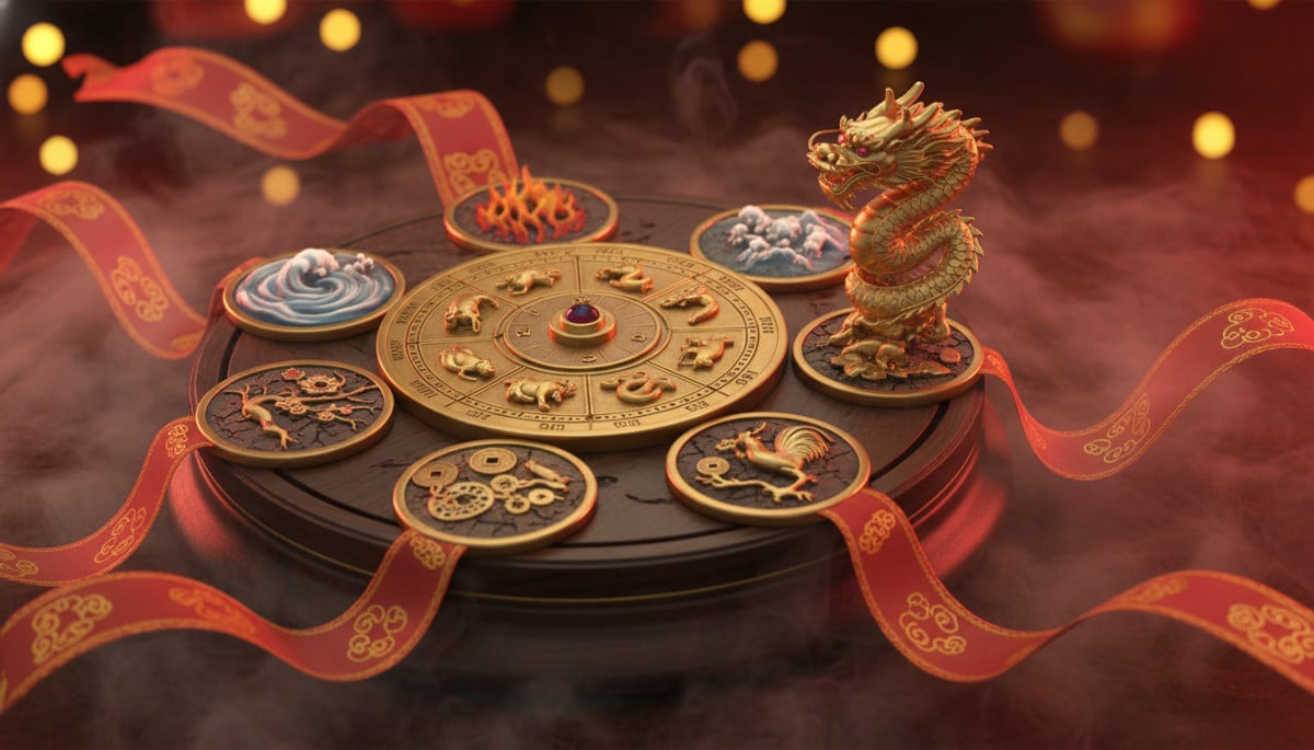 Sage chinois tenant un symbole yin-yang lumineux à son bureau couvert de parchemins anciens