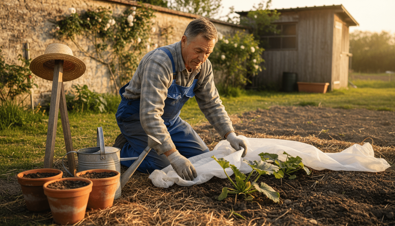 Jardinier posant un voile d'hivernage sur des courgettes au potager