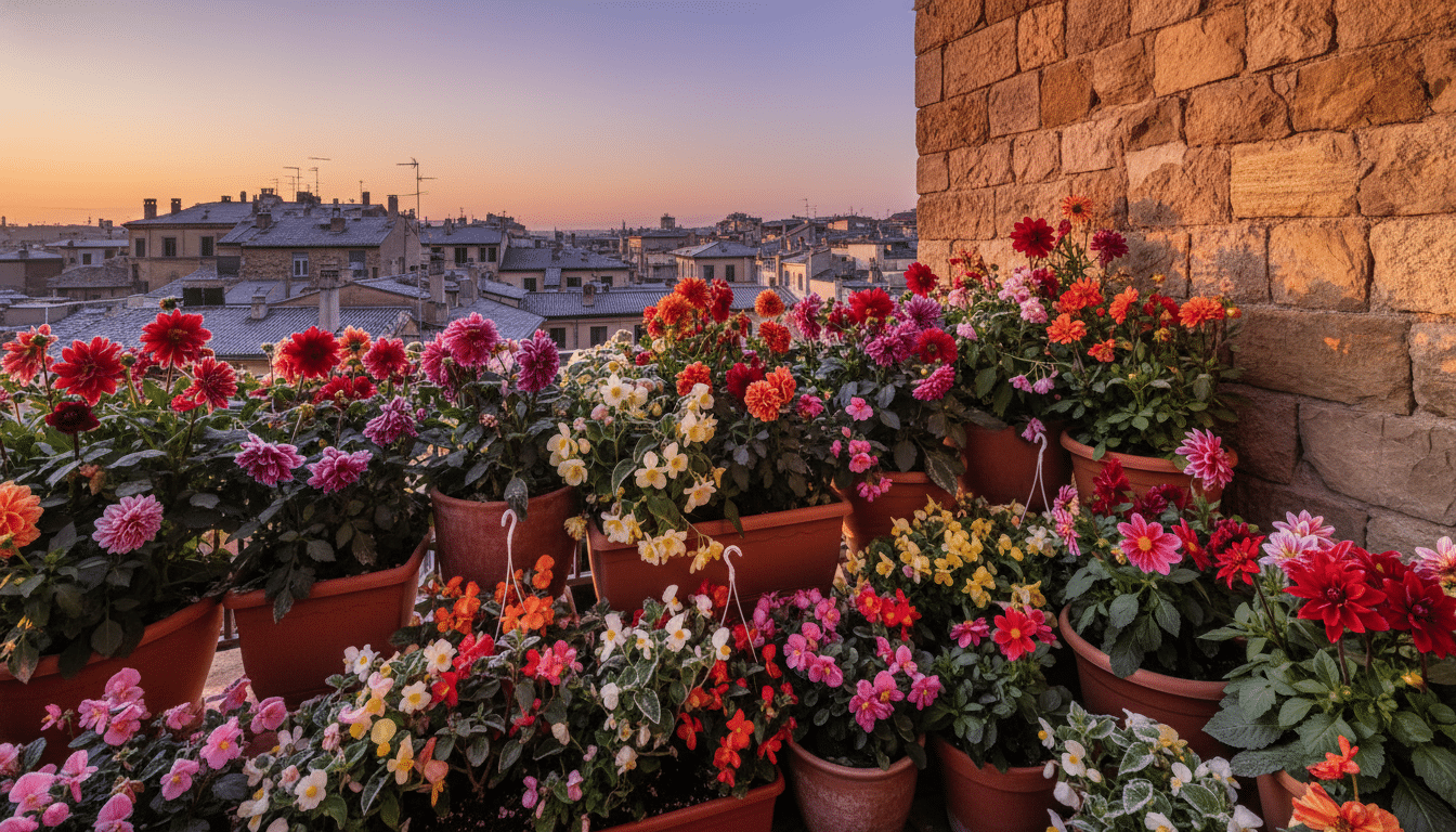 Pots de dahlias et bégonias regroupés et protégés sur un balcon