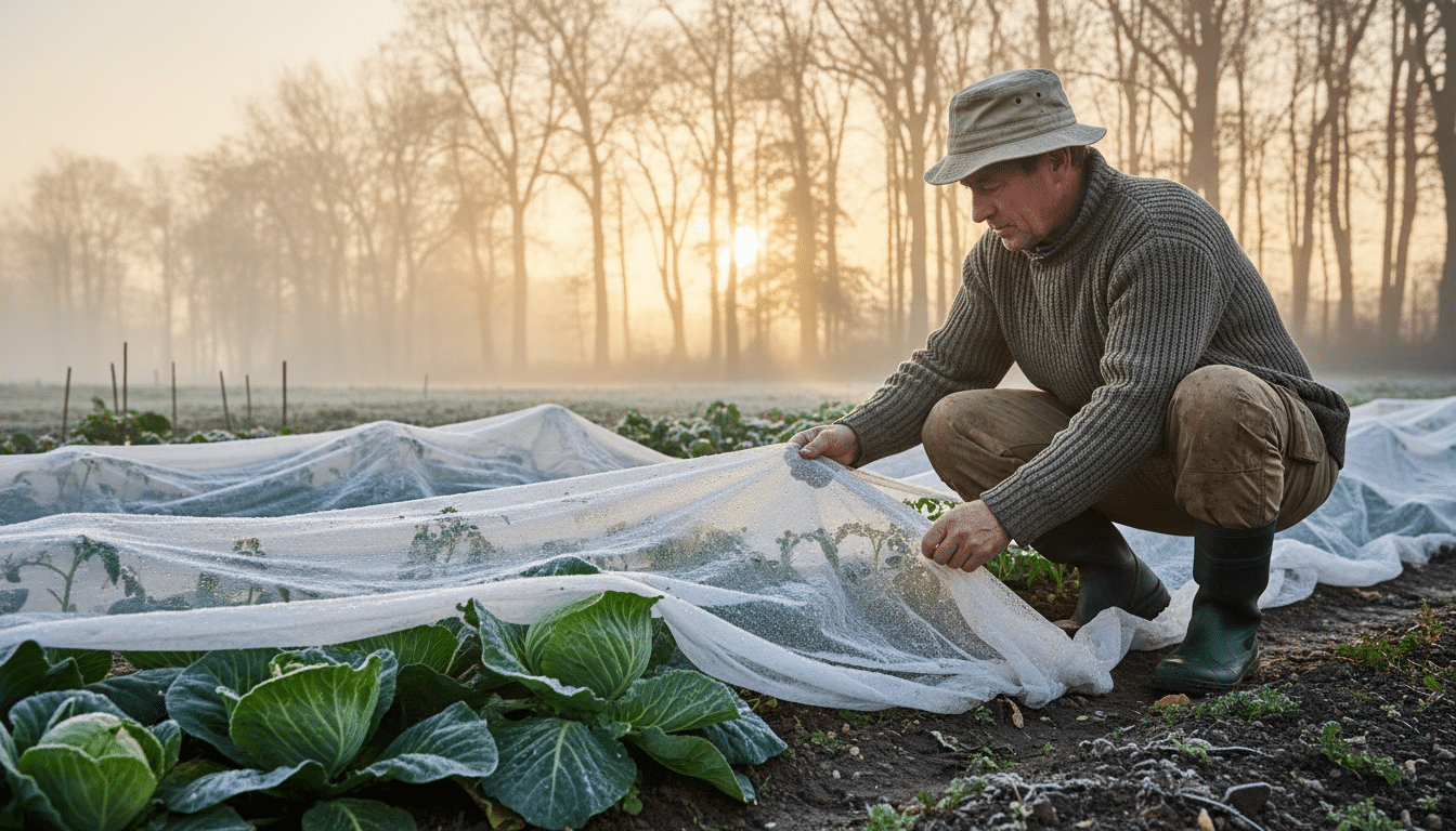 Jardinier protégeant ses plants de tomates du gel matinal