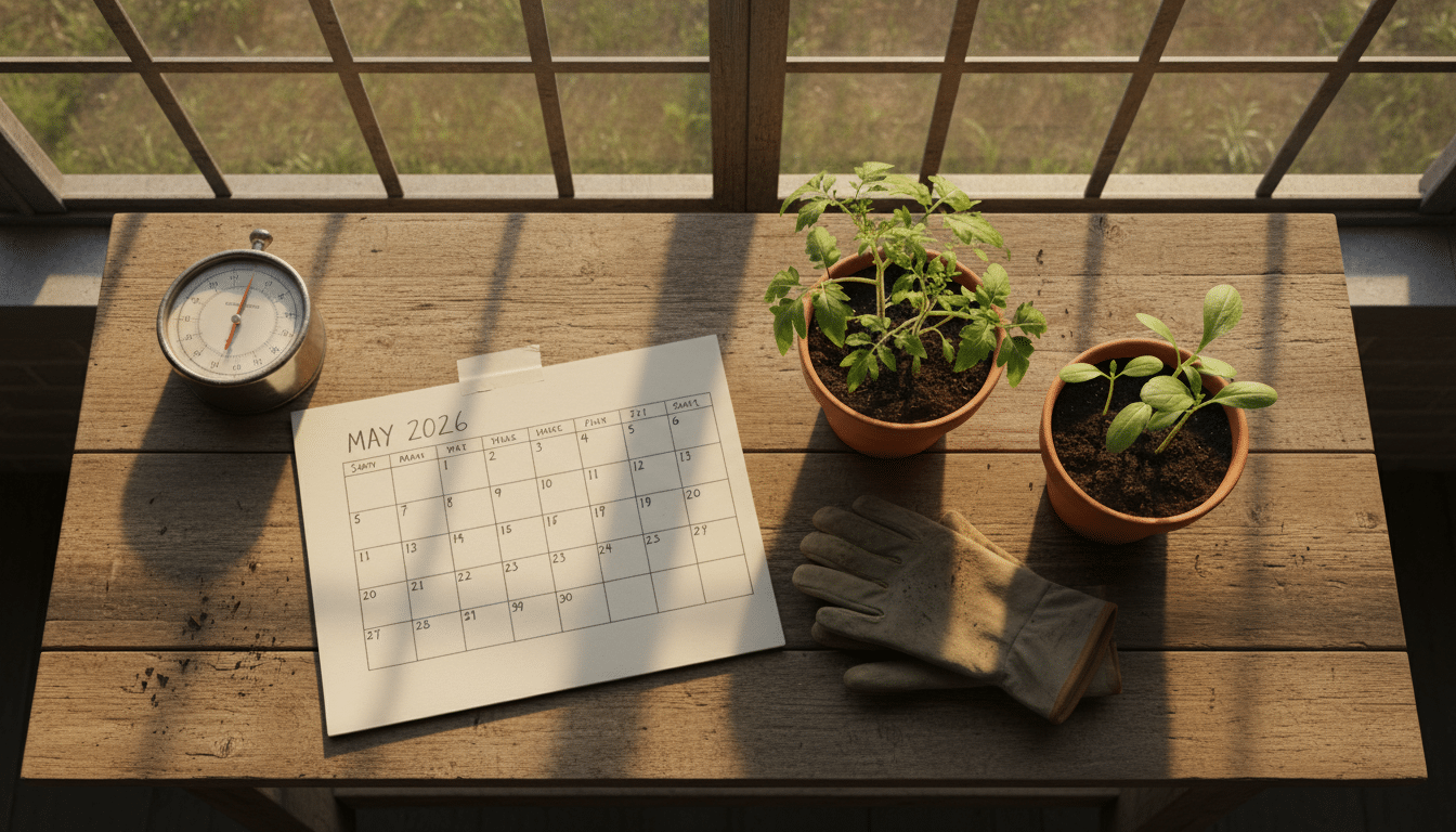 Calendrier de mai et plants de tomates et courgettes en pots