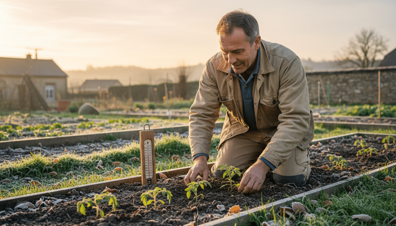 Jardinier vérifiant la température du sol près de plants de tomates au petit matin