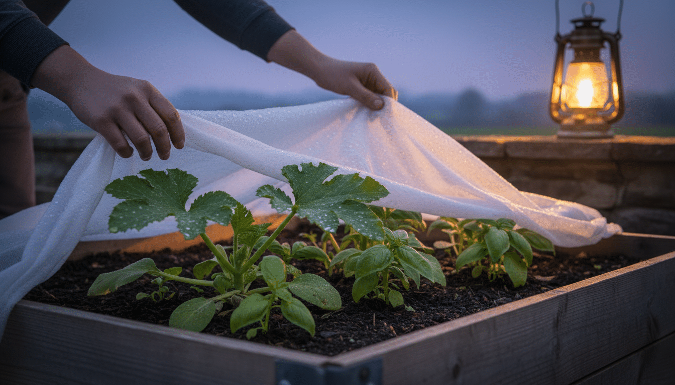 Pose d'un voile d'hivernage sur des plants de courgettes et basilic le soir