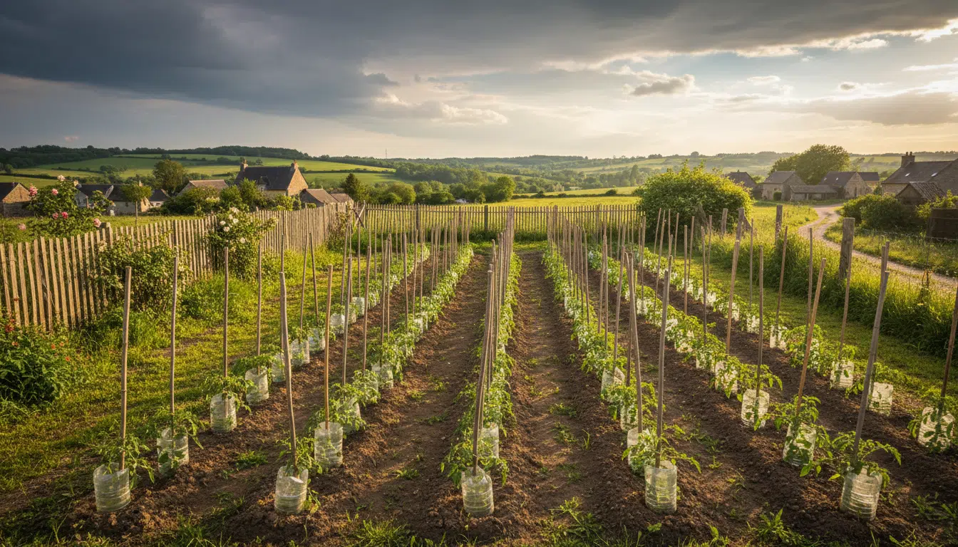 Potager français en mai avec protections contre le gel et ciel changeant
