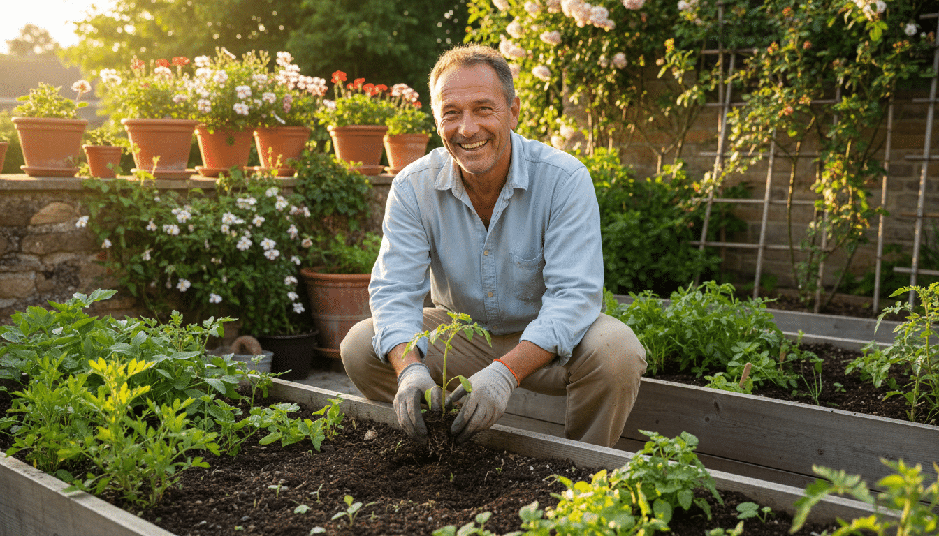 Jardinier plantant un pied de tomate après les Saints de glace