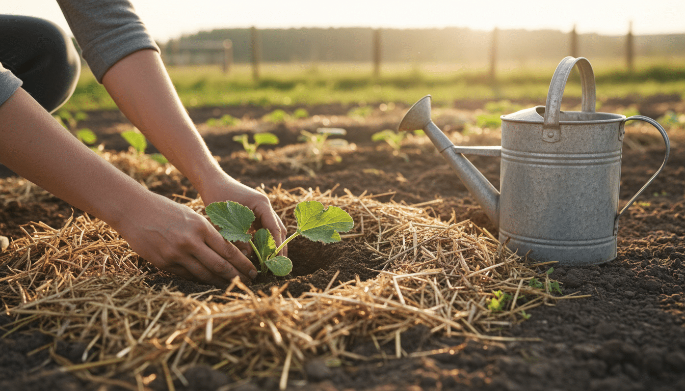 Plantation de courgette en pleine terre avec paillage