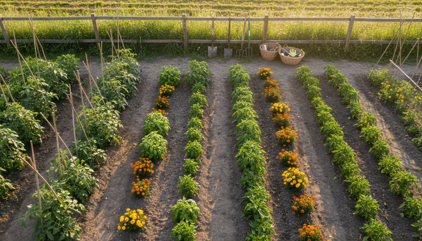 Potager en mai avec tomates tuteurées et fleurs compagnes