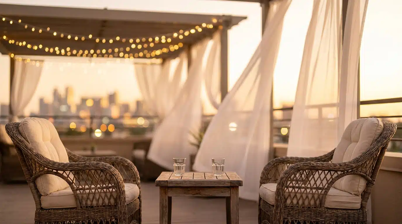 Terrasse rooftop au coucher du soleil avec guirlandes lumineuses
