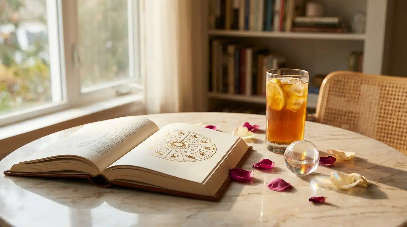 Livre d'astrologie ouvert sur une table avec cristal et pétales