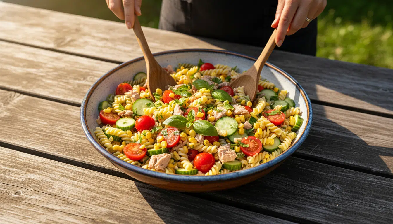 Salade de pâtes au thon fraîche servie en plein air