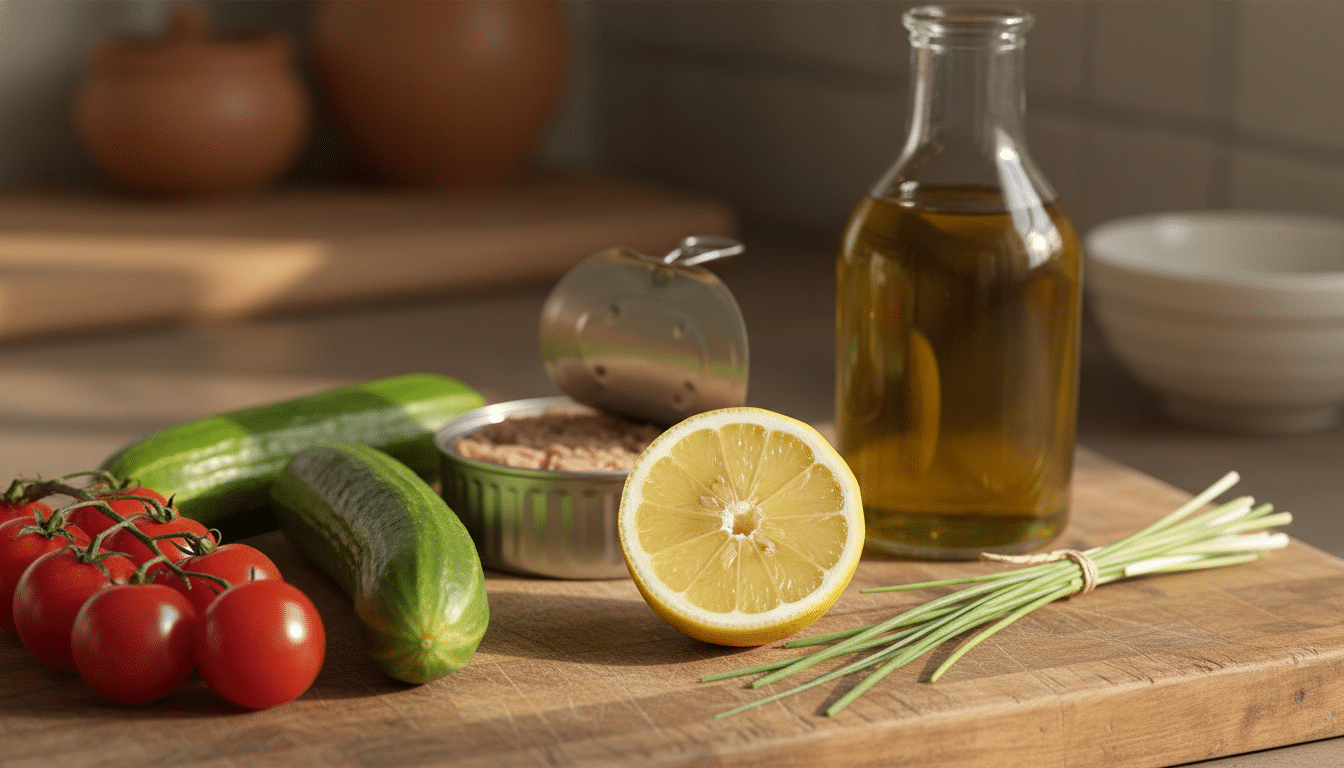 Ingrédients frais pour la salade : citron, ciboulette et légumes