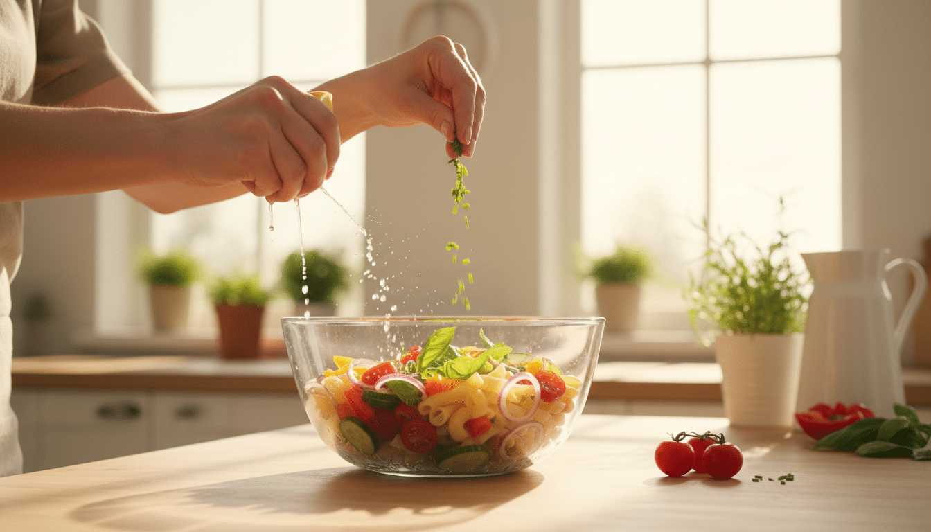 Assaisonnement au citron d'une salade de pâtes au thon