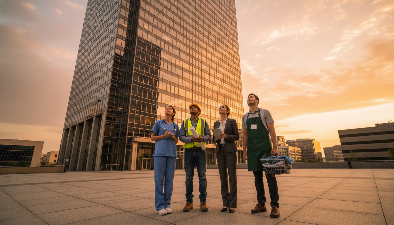 Travailleurs devant un gratte-ciel de bureaux au coucher du soleil