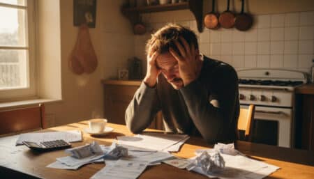 Salarié inquiet avec des fiches de paie sur la table