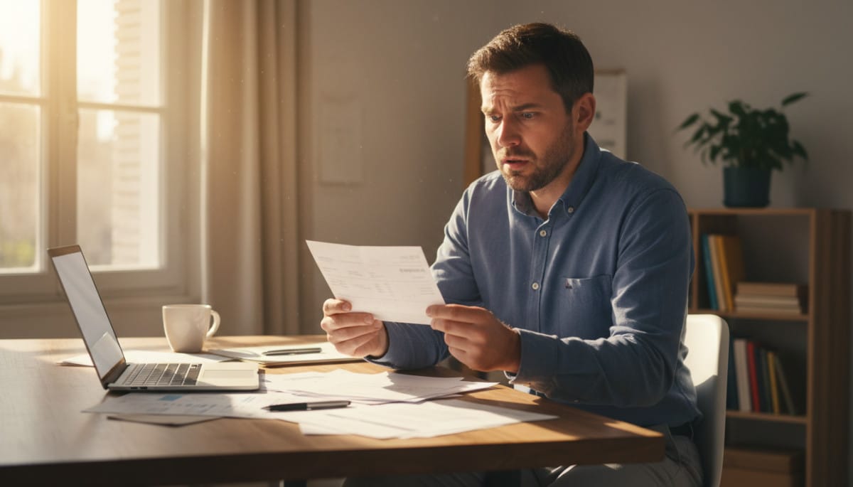 Salarié inquiet examine son bulletin de paie