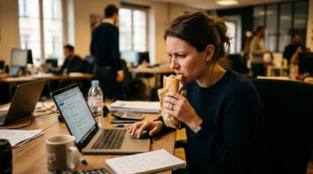 Salarié mangeant devant son écran pendant sa pause déjeuner