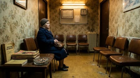 Salle d'attente de médecin dans les années 1980 avec cendrier et revues