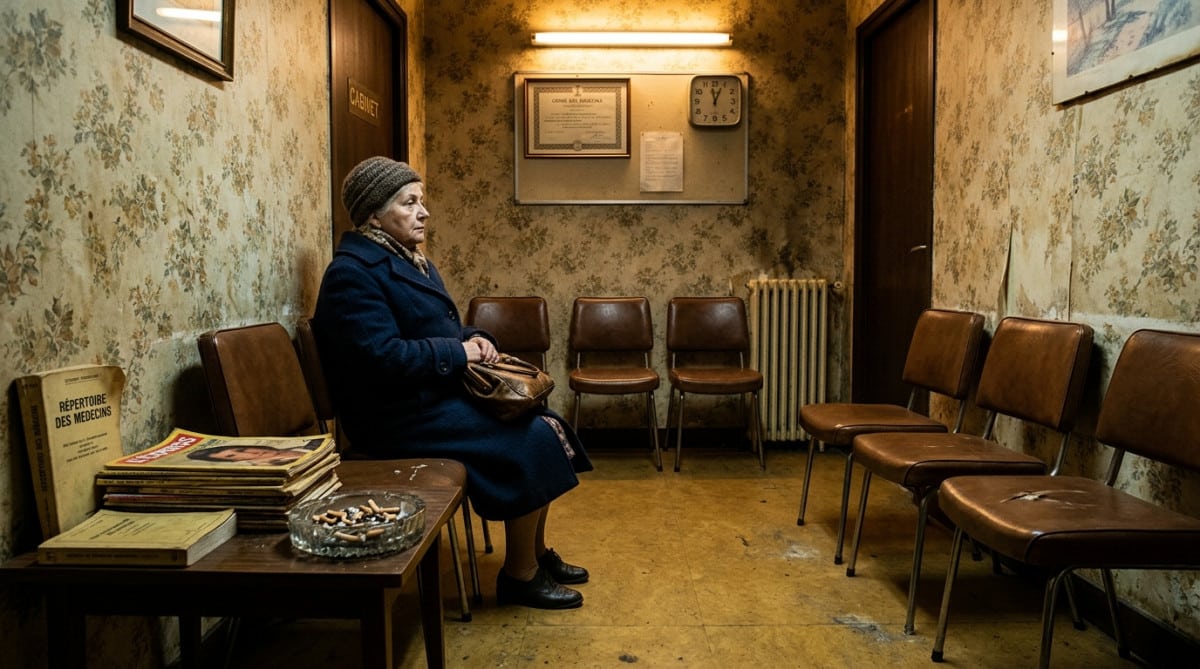 Salle d'attente de médecin dans les années 1980 avec cendrier et revues