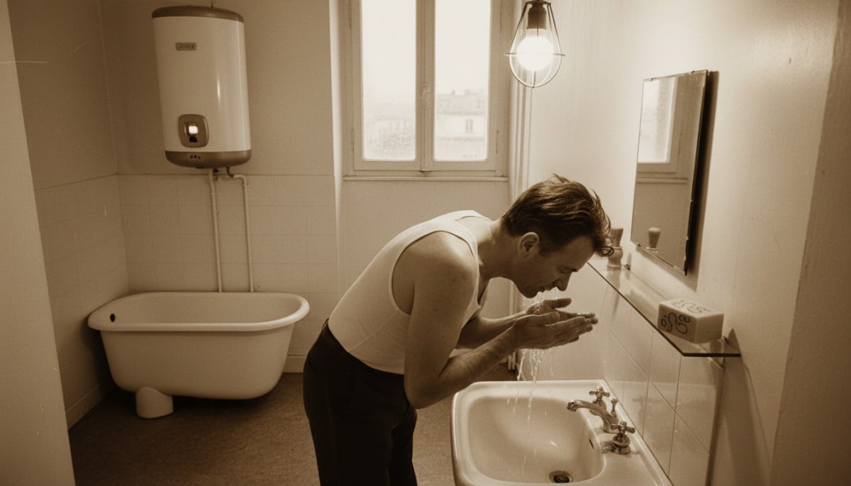 Salle de bains française typique des années 1960 avec baignoire sabot