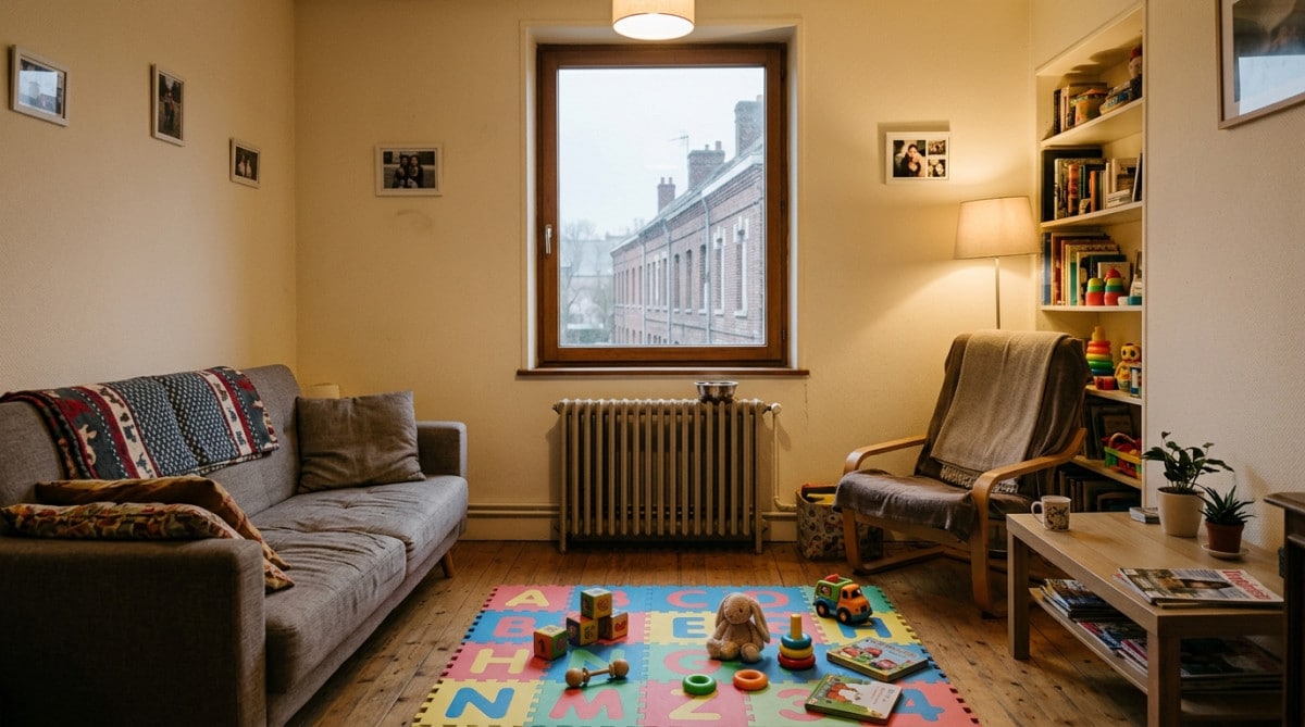Salon modeste d'un appartement T3 avec affaires de bébé