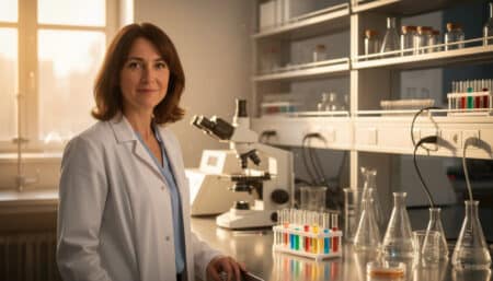 Sandrine laborantine en blouse blanche dans son laboratoire
